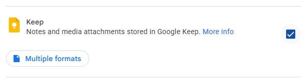 Google Takeout's Keep row with its checkbox ticked and a Multiple formats button.