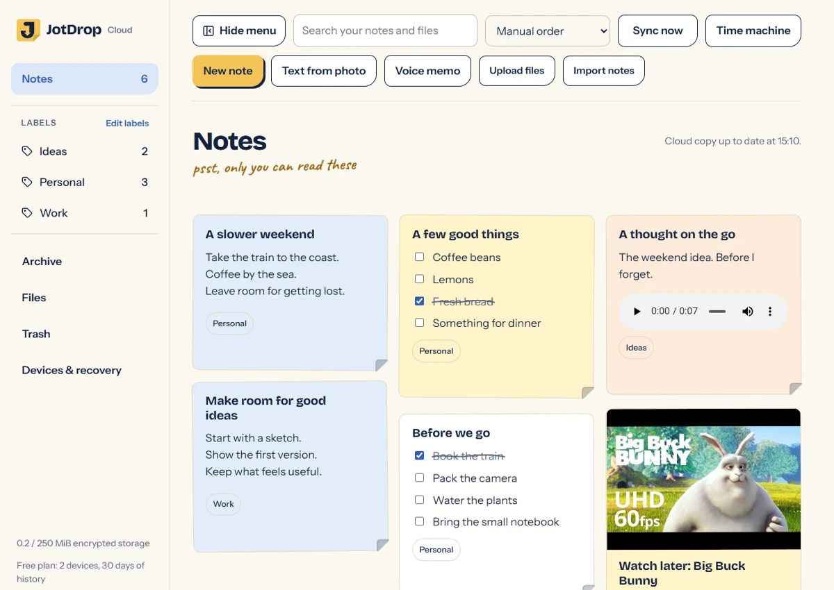 JotDrop's web app showing coloured note cards with checklists, labels, a voice memo and a saved video link, using demonstration notes.