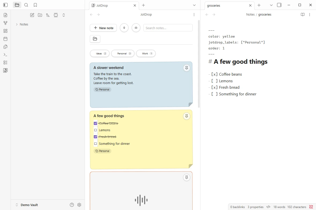 The JotDrop board beside a note opened as its Markdown file: colour and labels in the frontmatter, and the checklist as plain text.