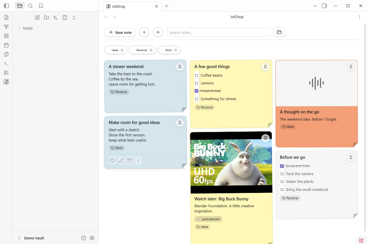 The JotDrop board inside Obsidian: coloured note cards with checklists, labels, a voice memo and a saved video link, in a demonstration vault.